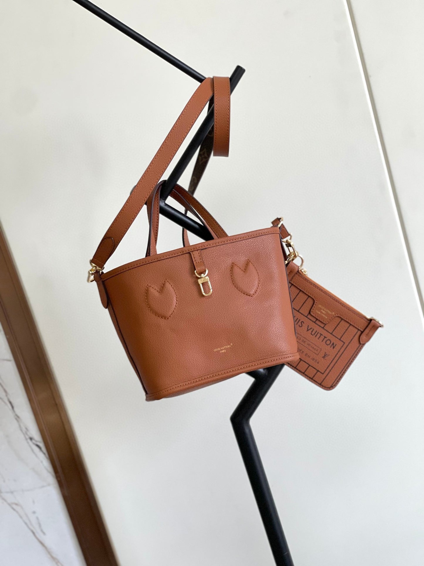 Brown Heart Embossed Bucket Handbag with Crossbody Strap and Cardholder