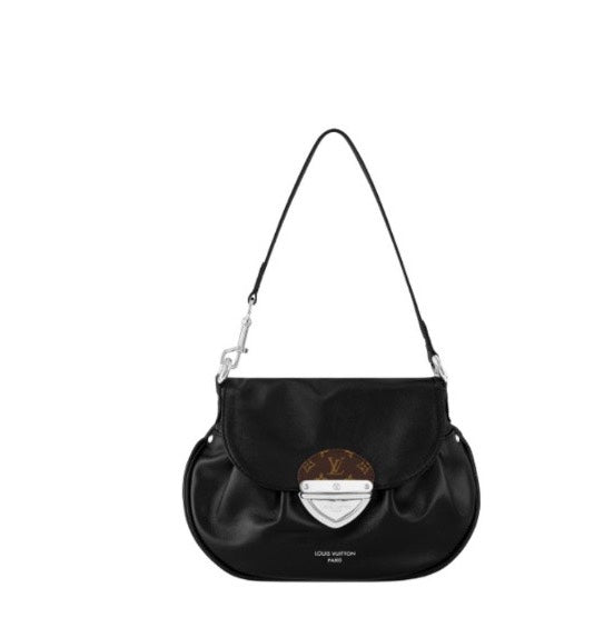 Louis Vuitton Black Leather Shoulder Bag with Monogram Buckle Detail