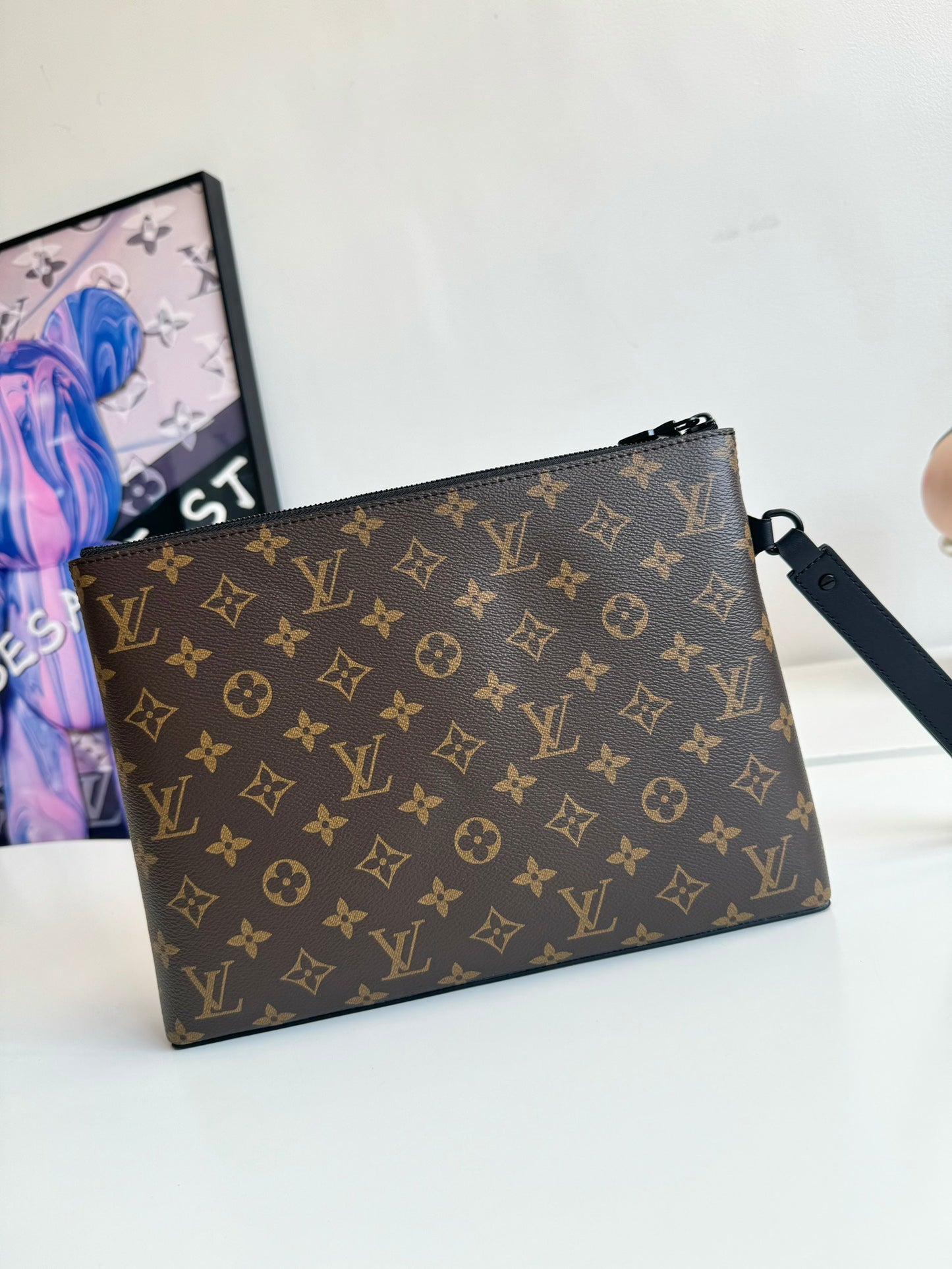 Louis Vuitton Monogram Macassar Pochette Voyage Men's Clutch Bag with Wristlet