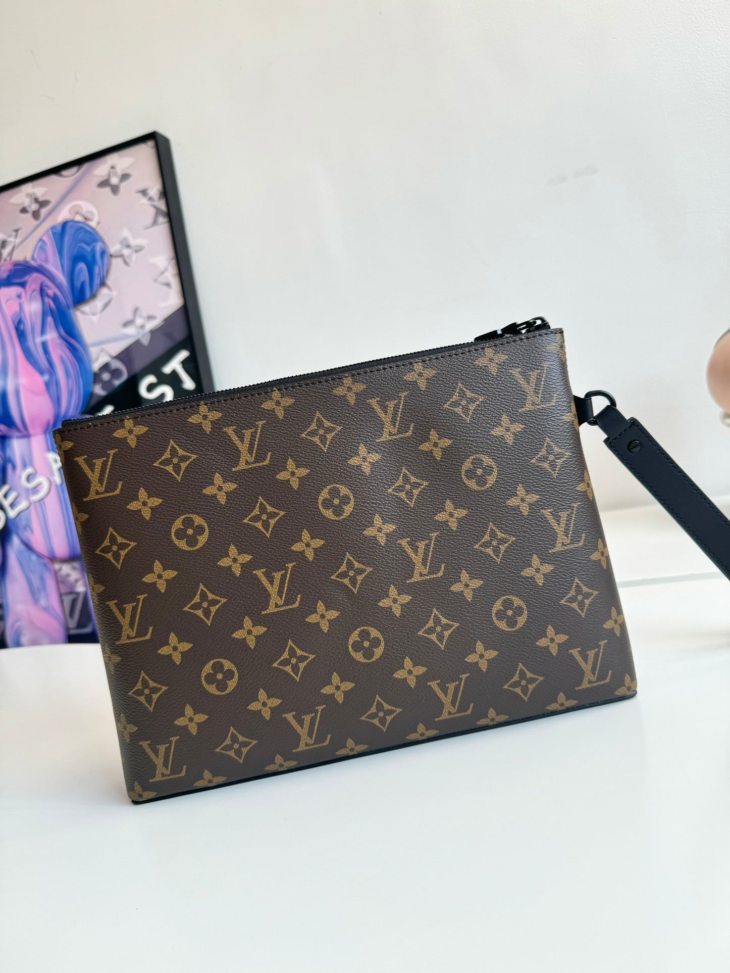 Louis Vuitton Monogram Macassar Pochette Voyage Men's Clutch Bag with Wristlet