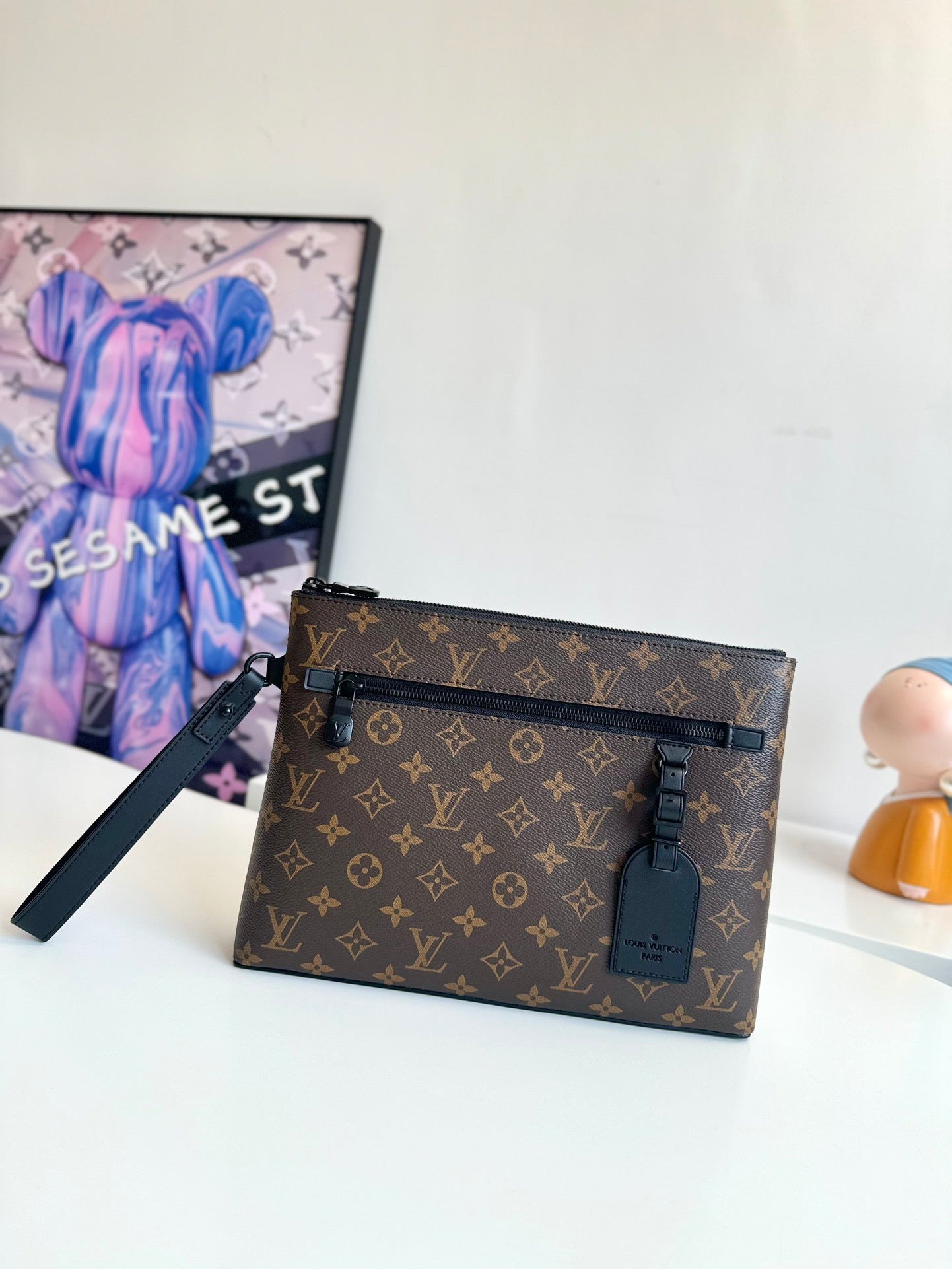 Louis Vuitton Monogram Macassar Pochette Voyage Men's Clutch Bag with Wristlet