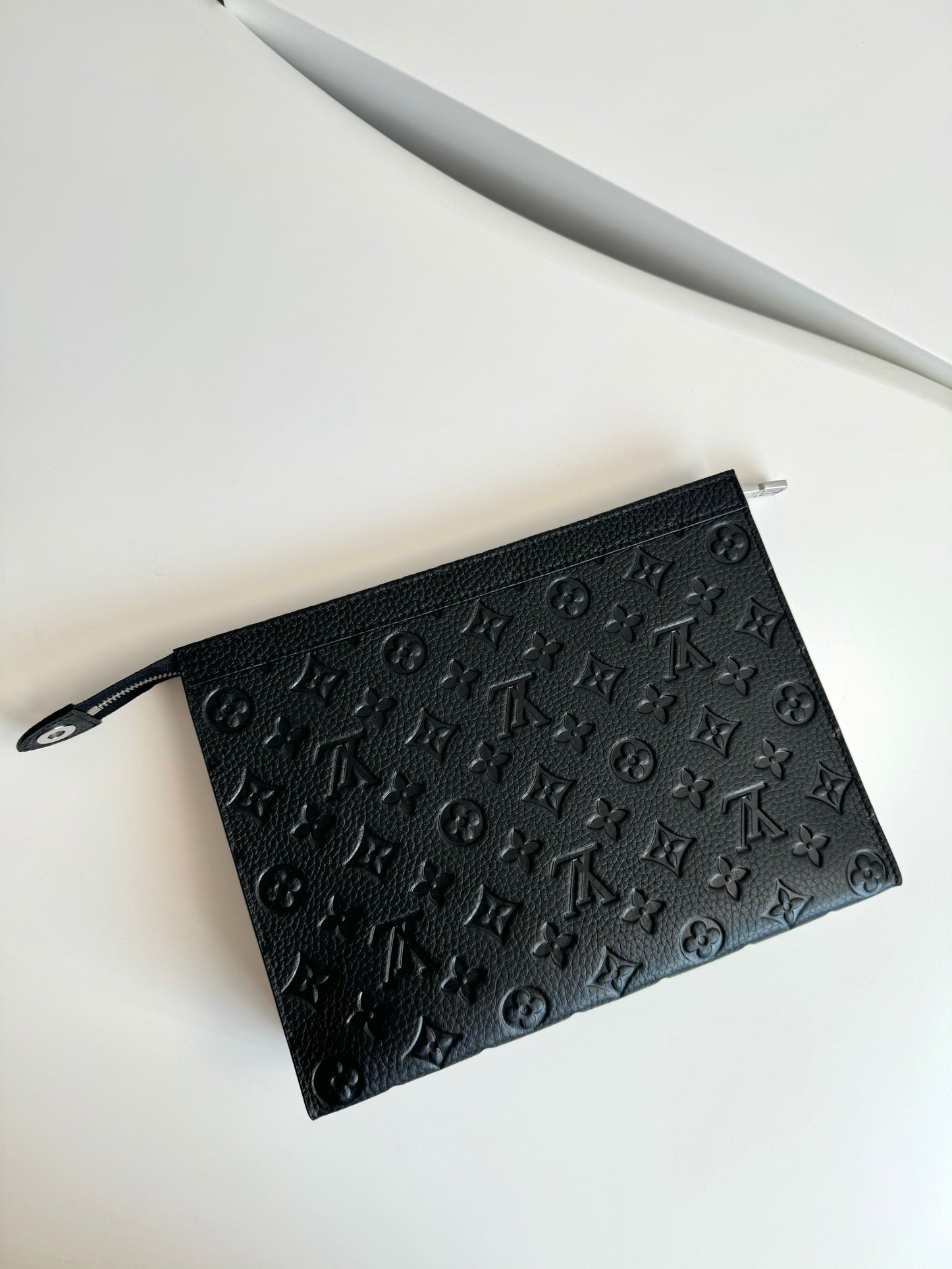 Luxury Black Embossed Monogram Zipper Clutch Bag - Sleek Designer Pouch