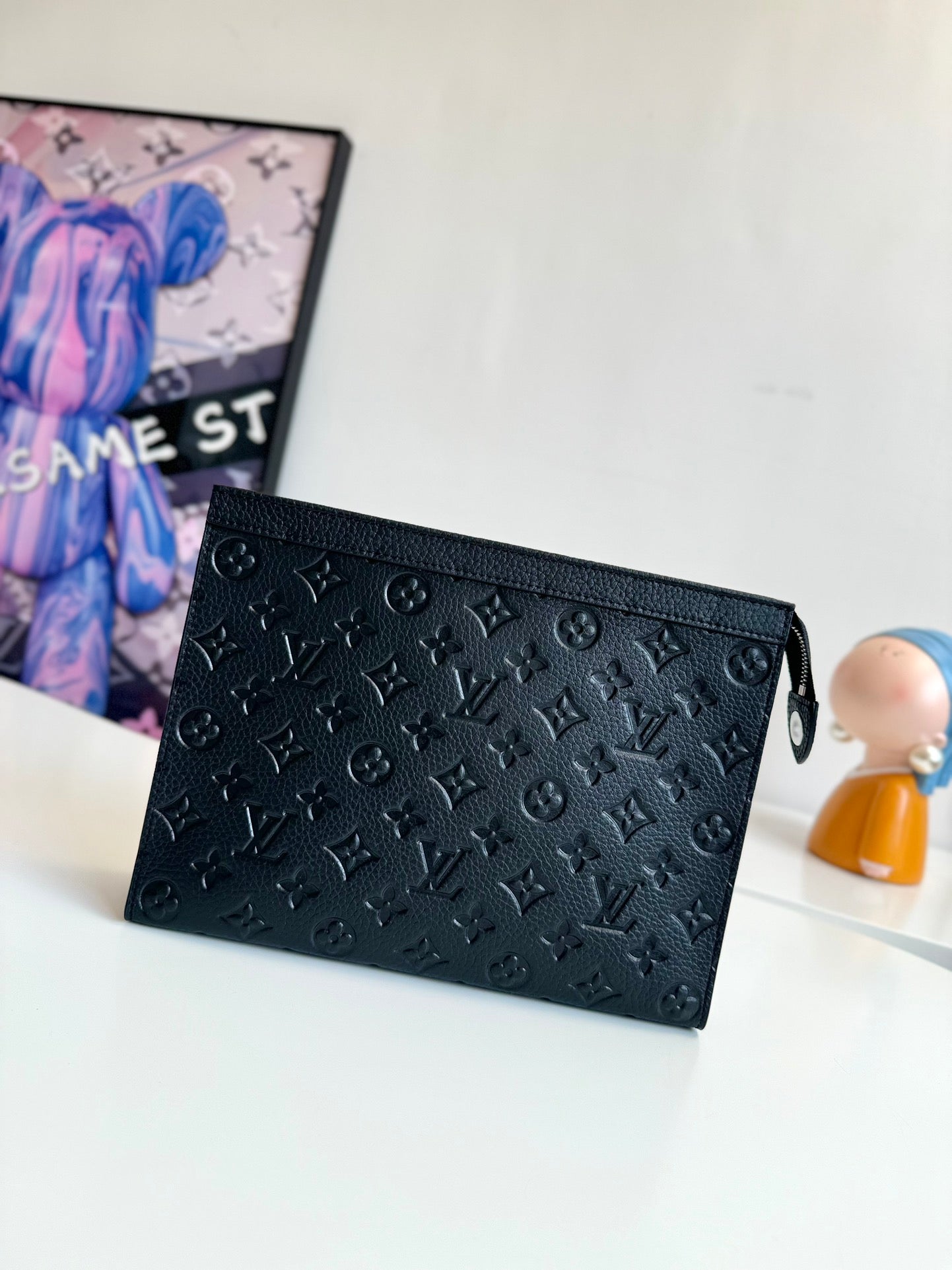 Luxury Black Embossed Monogram Zipper Clutch Bag - Sleek Designer Pouch