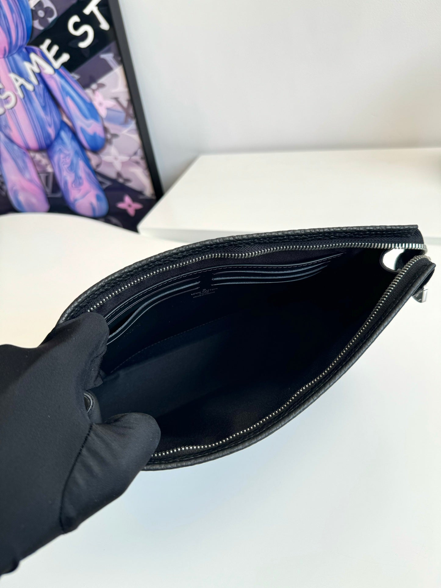 Luxury Black Embossed Monogram Zipper Clutch Bag - Sleek Designer Pouch