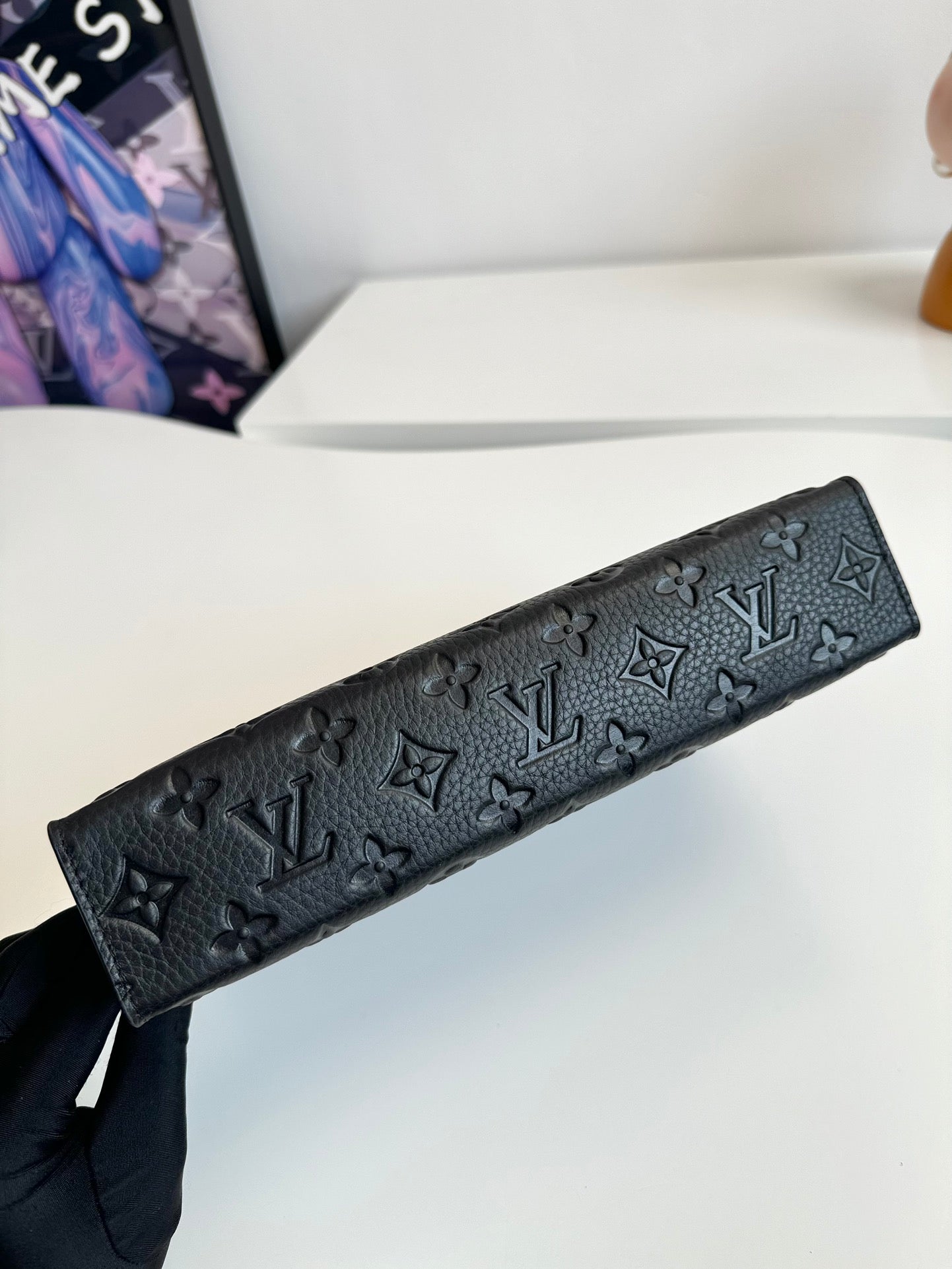 Luxury Black Embossed Monogram Zipper Clutch Bag - Sleek Designer Pouch
