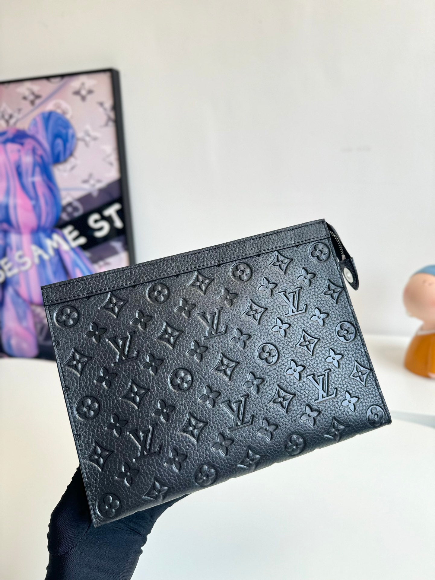 Luxury Black Embossed Monogram Zipper Clutch Bag - Sleek Designer Pouch