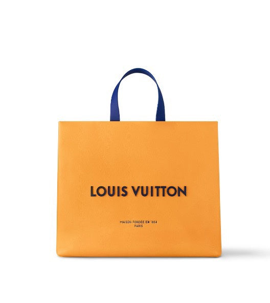 Authentic Louis Vuitton Orange Paper Shopping Bag with Blue Handles