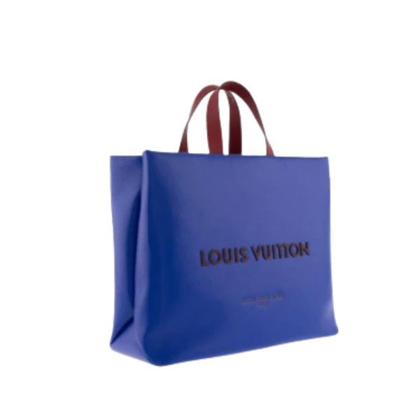 Louis Vuitton Cobalt Blue Leather Tote Bag with Burgundy Accents