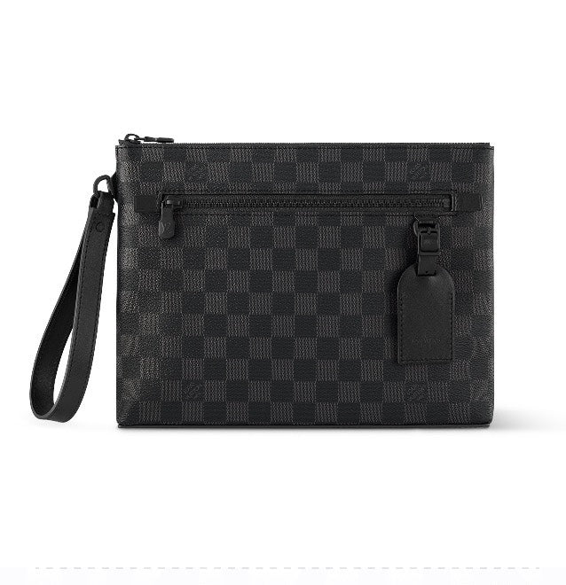 Men's Luxury Black Checkered Canvas Wristlet Clutch Pouch Bag