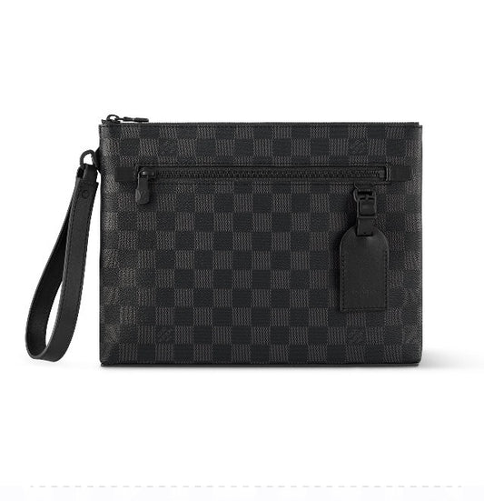 Men's Luxury Black Checkered Canvas Wristlet Clutch Pouch Bag