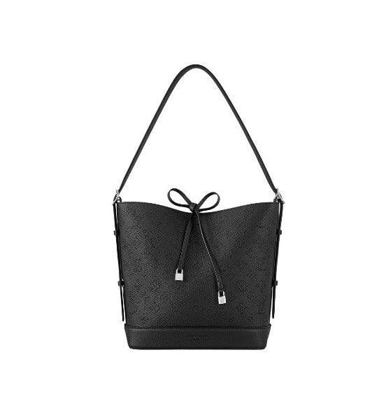 Elegant Black Monogram Pattern Bucket Shoulder Bag with Drawstring Bow Detail