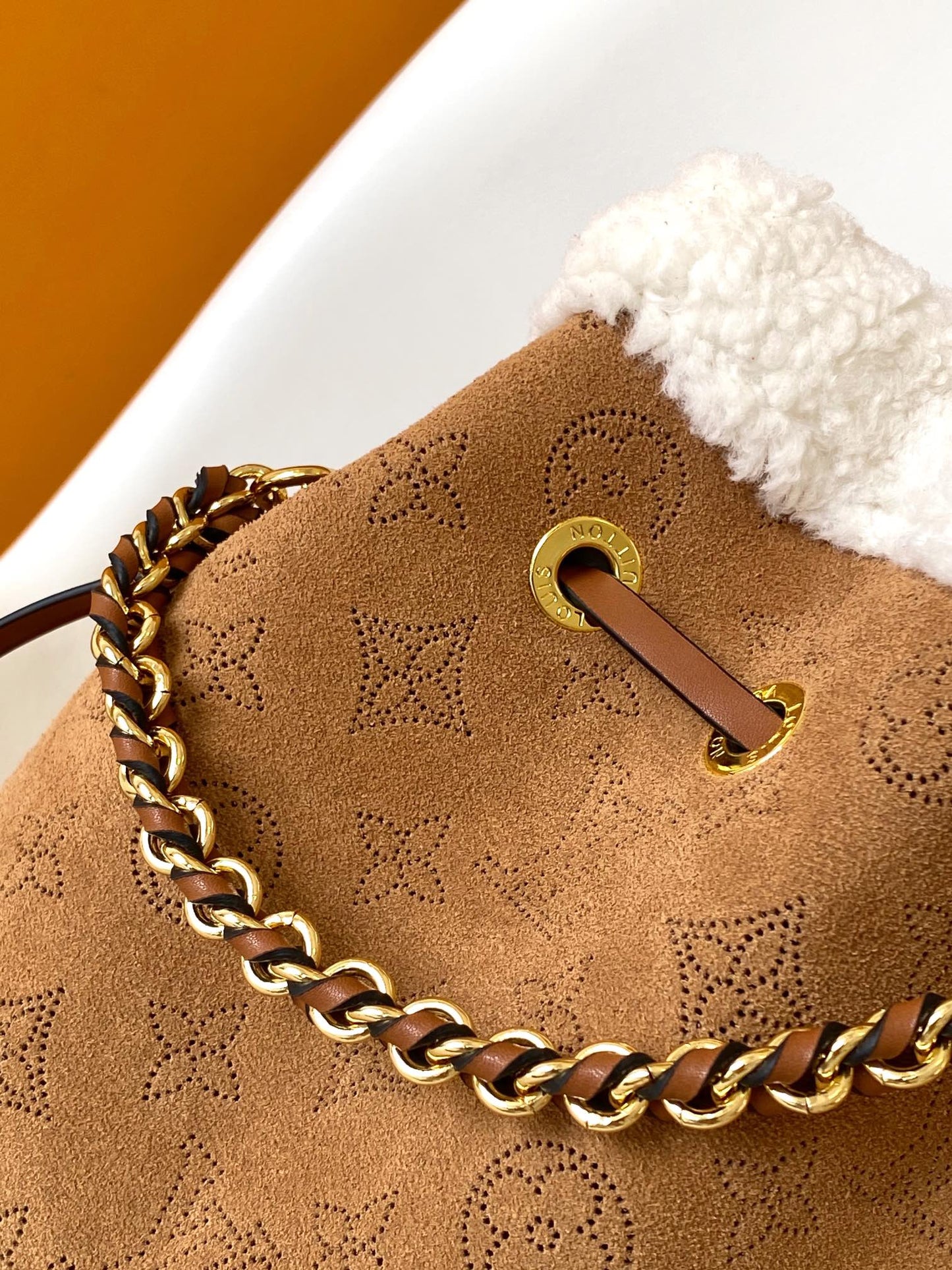 Louis Vuitton Bella Bucket Bag in Camel Mahina Calfskin with Shearling Trim