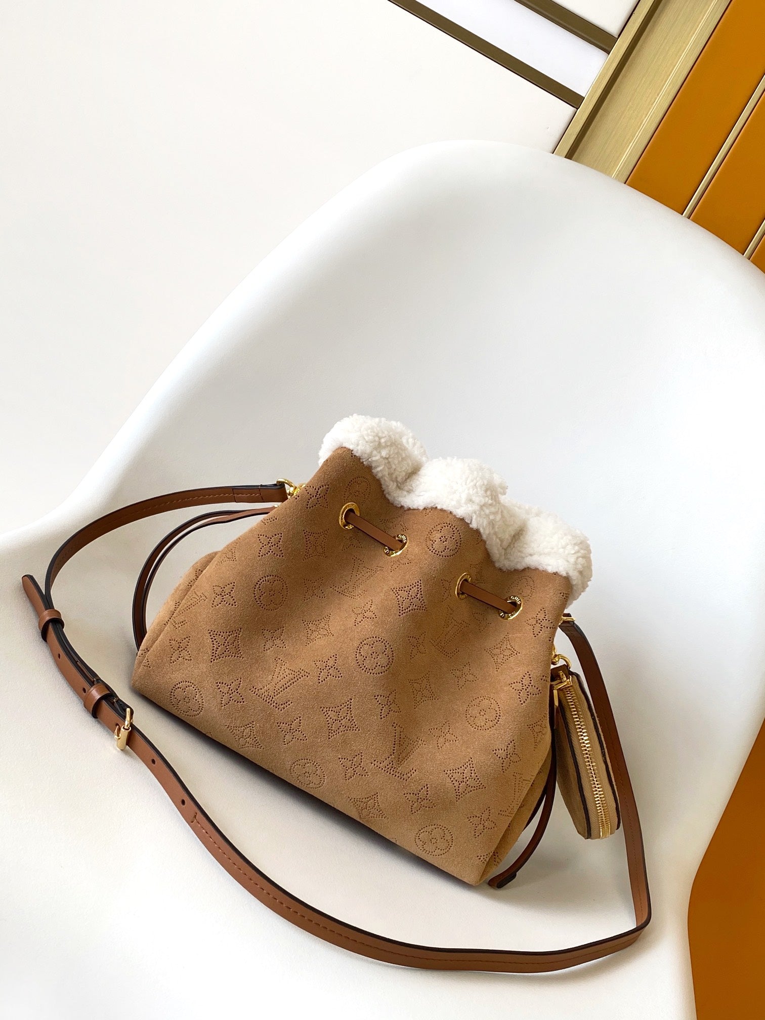 Louis Vuitton Bella Bucket Bag in Camel Mahina Calfskin with Shearling Trim