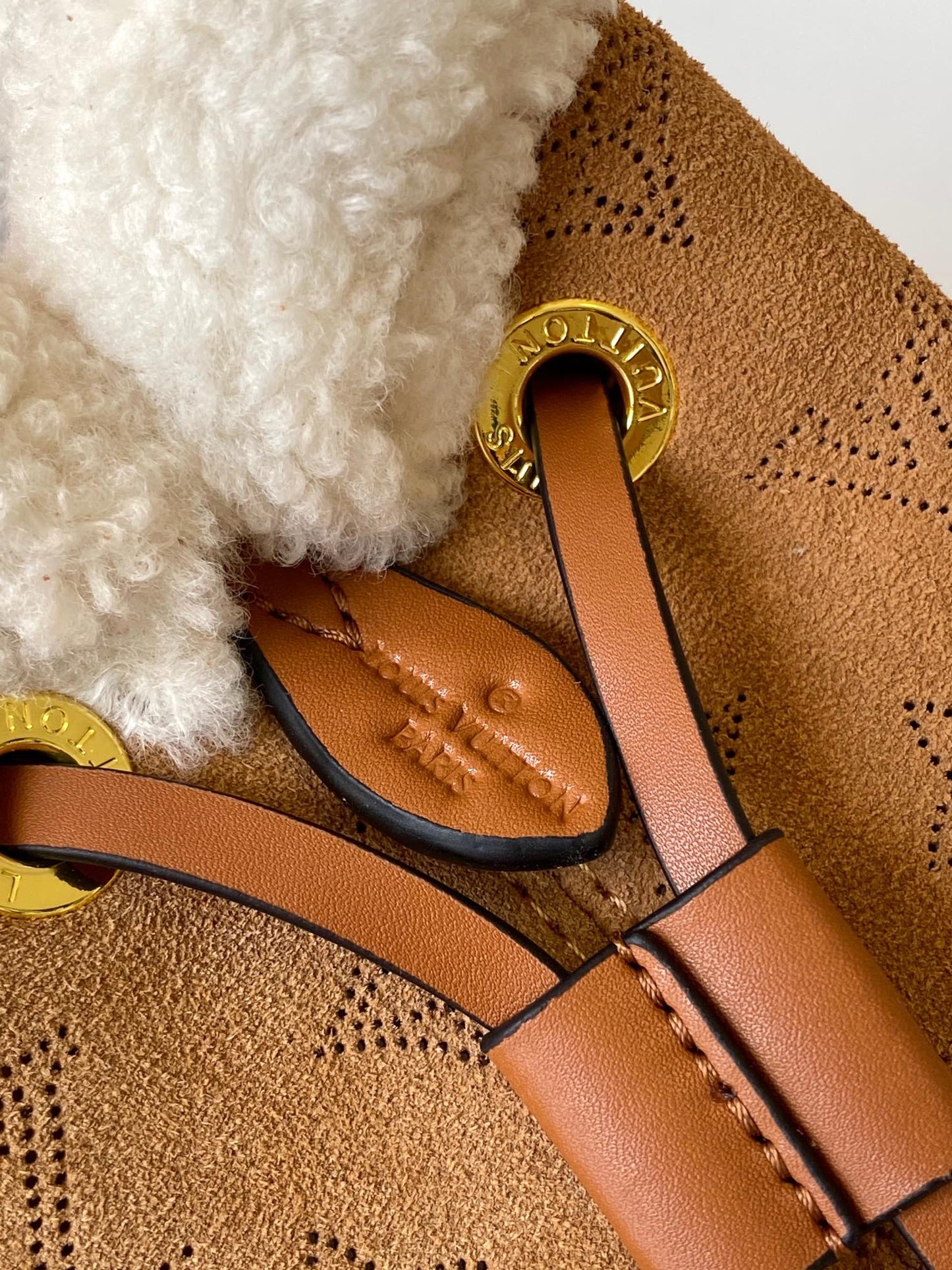 Louis Vuitton Bella Bucket Bag in Camel Mahina Calfskin with Shearling Trim