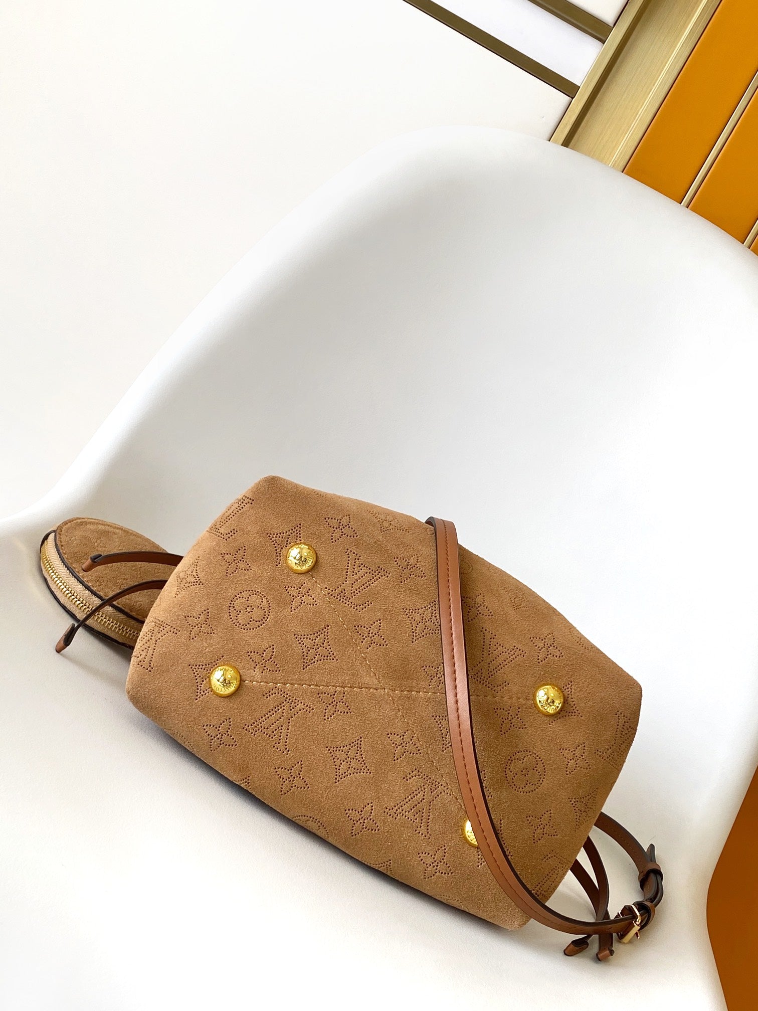 Louis Vuitton Bella Bucket Bag in Camel Mahina Calfskin with Shearling Trim