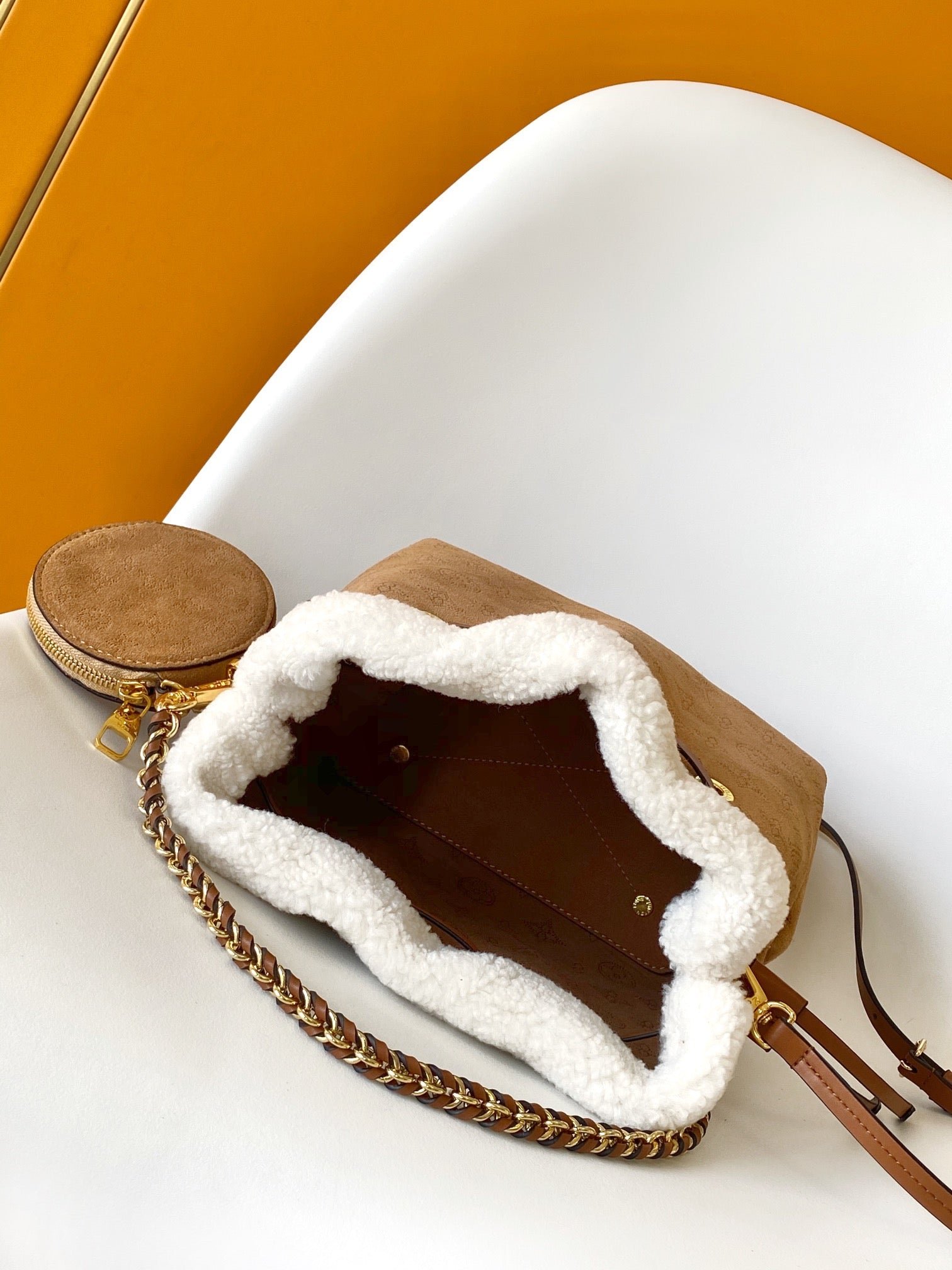 Louis Vuitton Bella Bucket Bag in Camel Mahina Calfskin with Shearling Trim