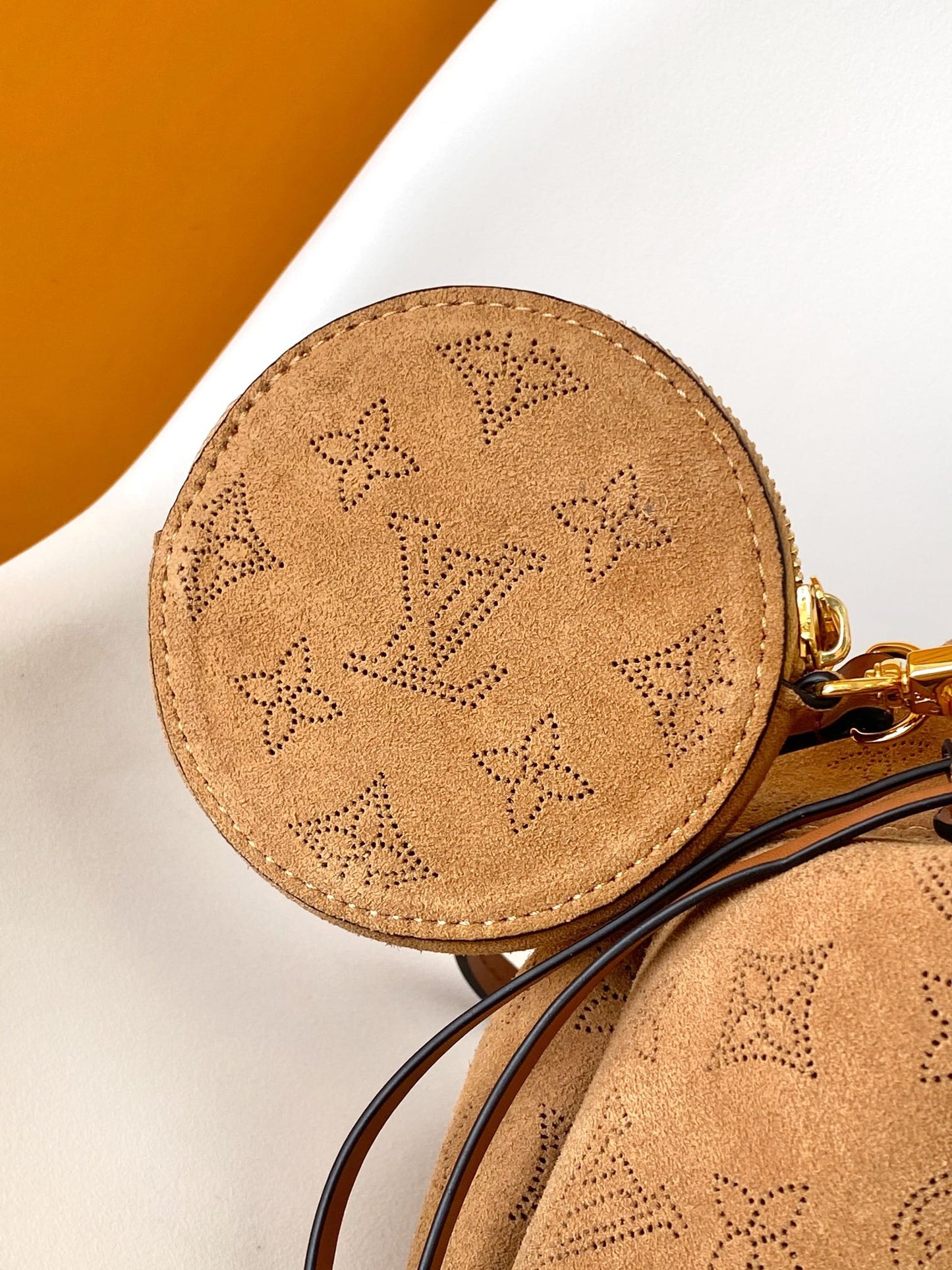 Louis Vuitton Bella Bucket Bag in Camel Mahina Calfskin with Shearling Trim