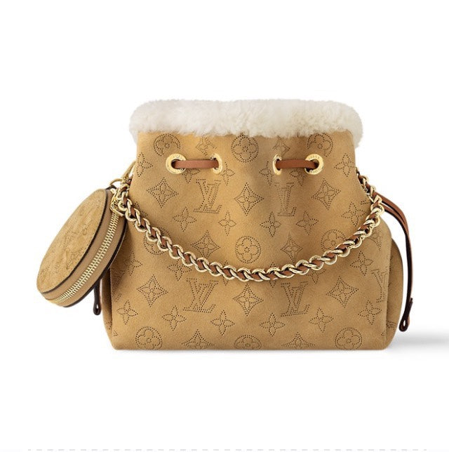 Louis Vuitton Bella Bucket Bag in Camel Mahina Calfskin with Shearling Trim
