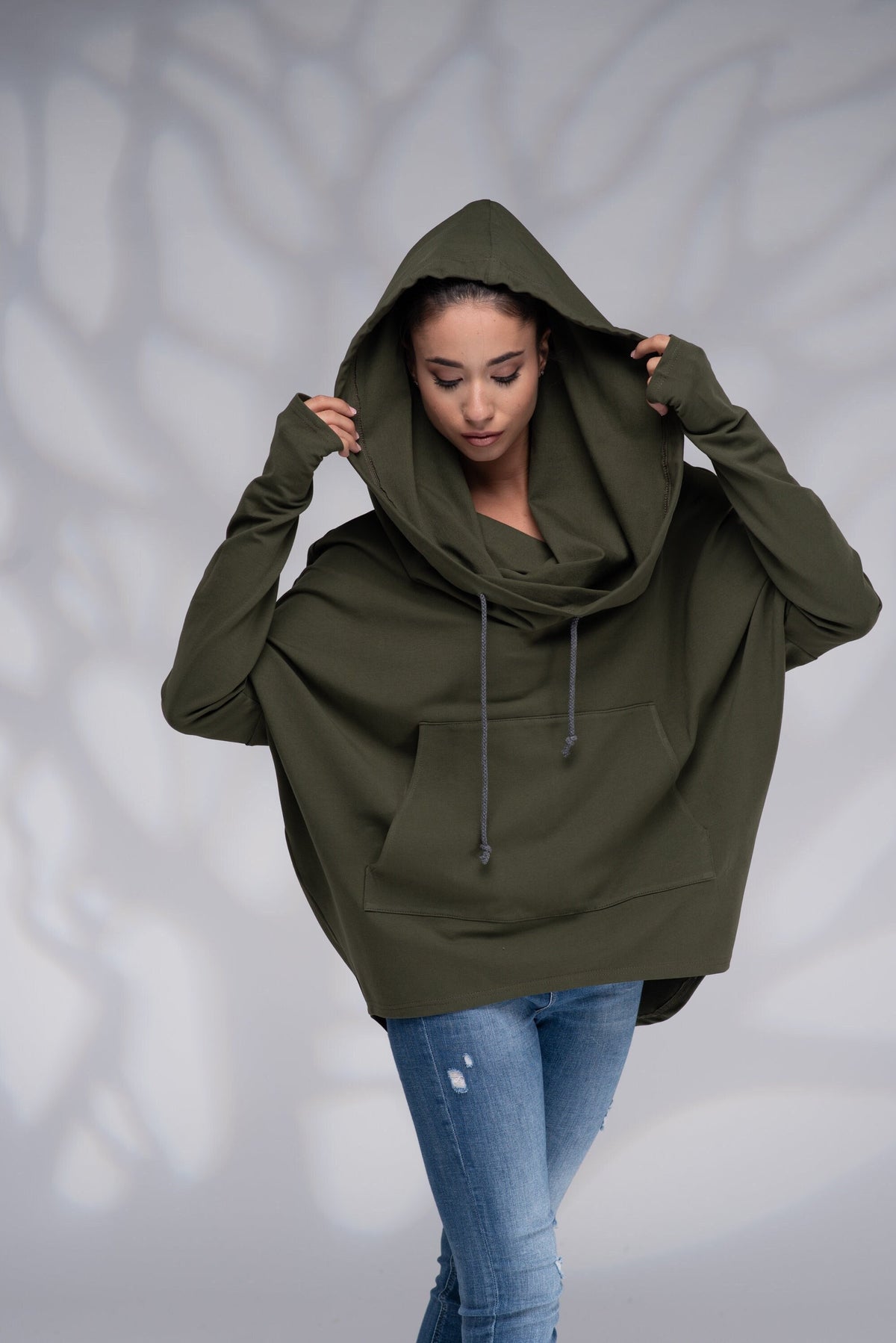 Cowl Neck Hoodie, Oversized Hooded Sweatshirt with Thumb Hole Sleeves