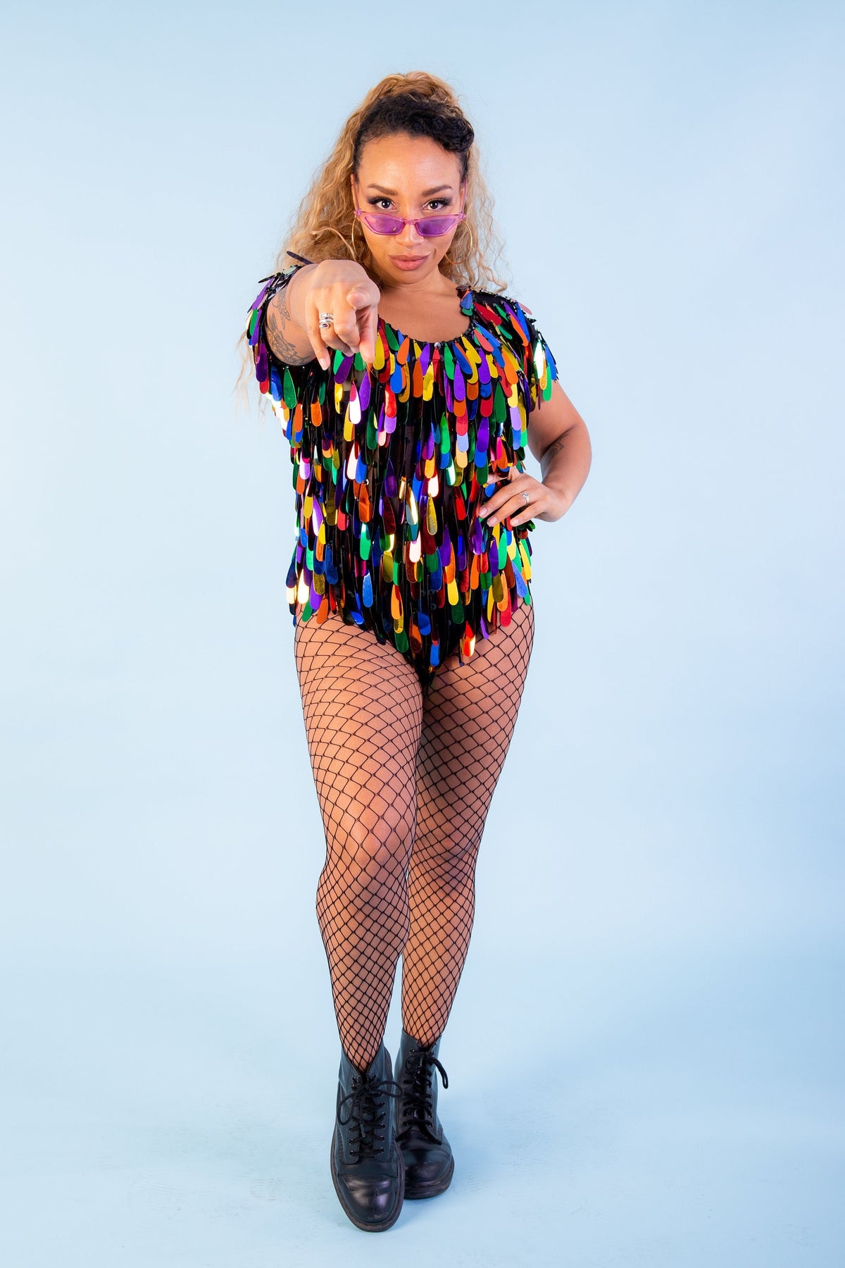 Handmade Rainbow Sequin Bodysuit, Festival Disco Leotard