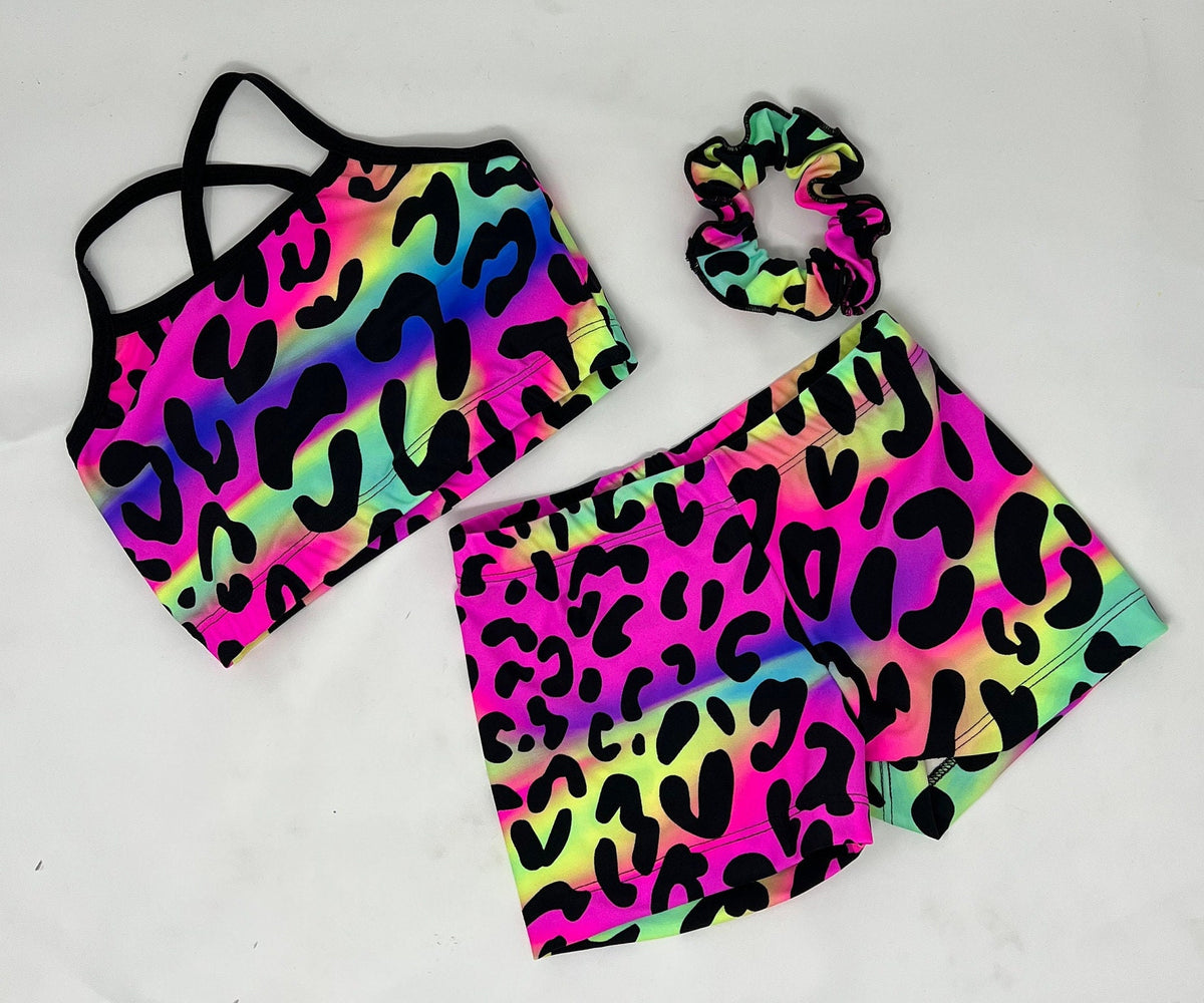 Girls Neon Leopard Top and Short Dance Jazz Hip Hop Birthday Cheerleading