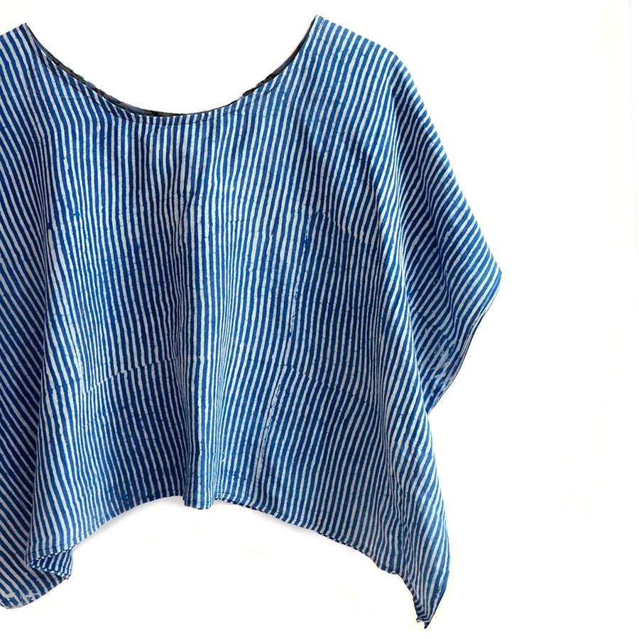 Striped Silk Blend Crop Top – Blue Bohemian Beach Blouse (Sample)