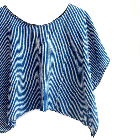 Striped Silk Blend Crop Top – Blue Bohemian Beach Blouse (Sample)