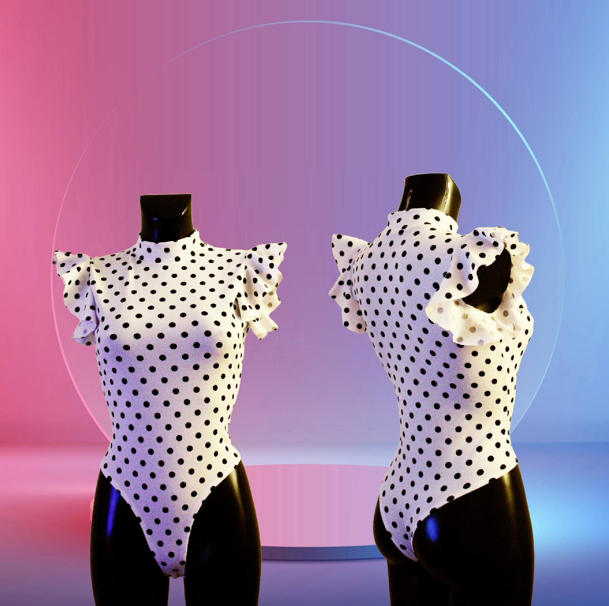 Women's White &  Black Polka Dot Print Ruffle Sleeve Turtle Neck Leotard Bodysuit