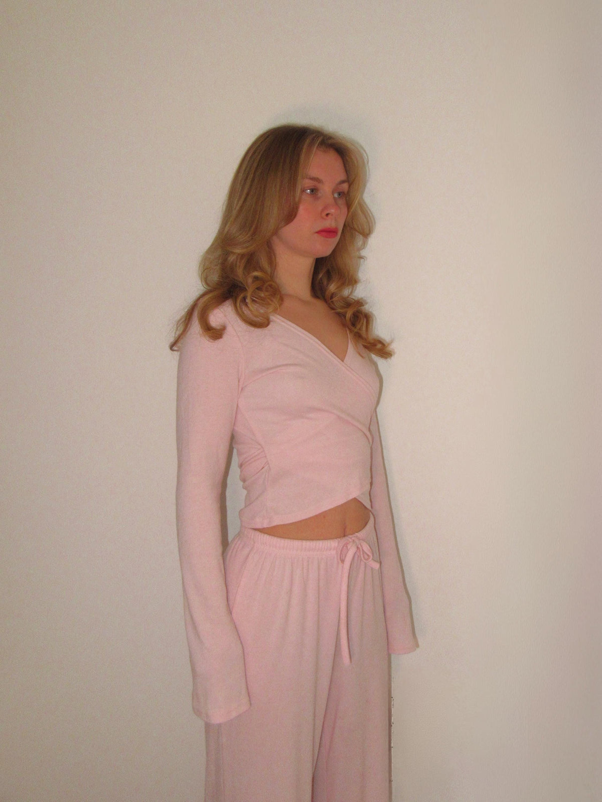 Pink Lounge Set: Ballet Wrap Top, Wide Leg Drawstring Pants