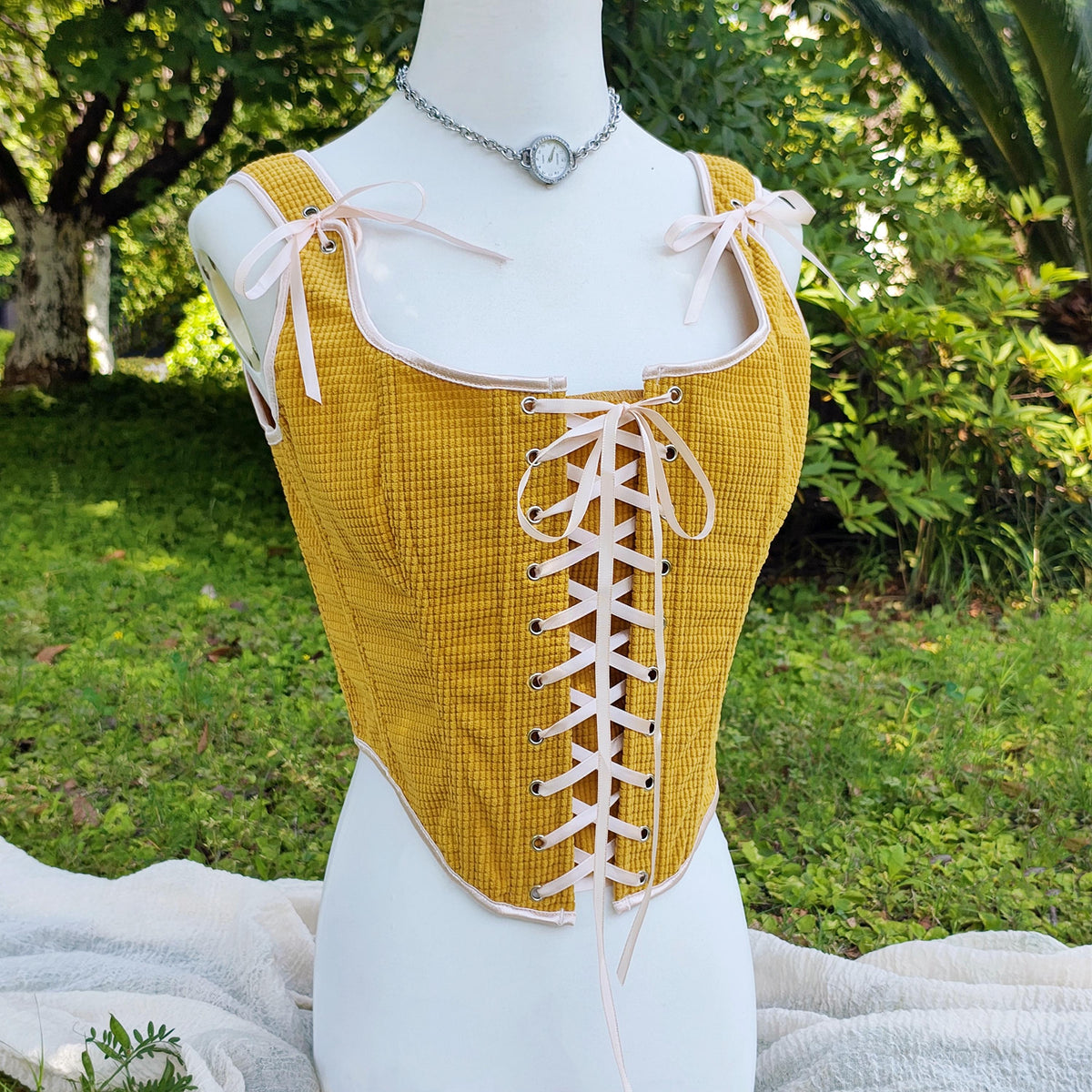 Yellow Corn Grain Corduroy Corset, Custom Corduroy Corset Top, Milkmaid Overbust Renaissance Corset Top, Ren Faire Cosplay Stays