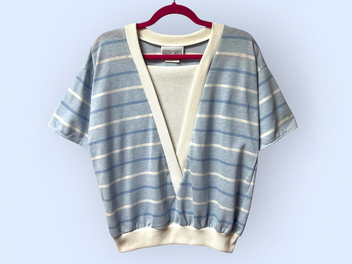 1980s Vintage White and Blue Mini Stripe Top / Nautical Striped Pullover / Large L