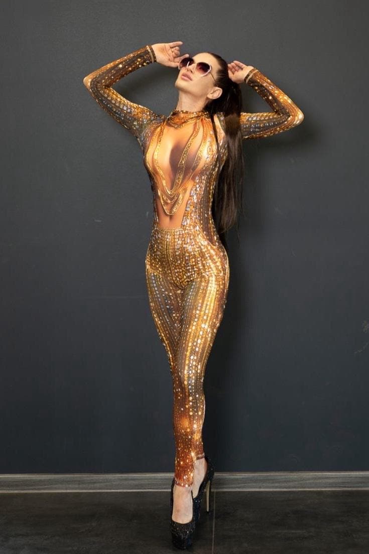Gold Sequin Print Bodysuit: Metallic Lycra Jumpsuit, Festival Costume