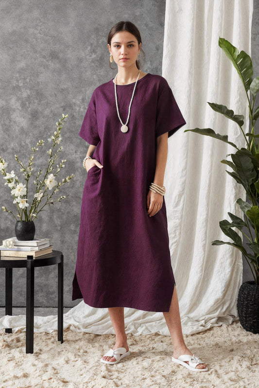 Relaxed Fit Linen Round Neck Tunic Dress with Pockets
