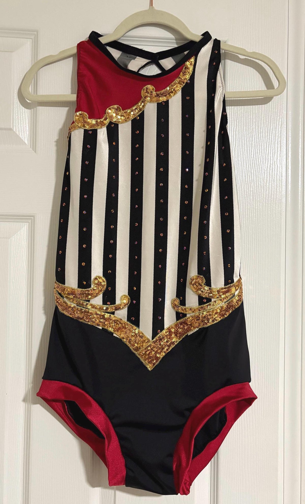 circus stripe leotard for aerial silks, lyra, and trapeze