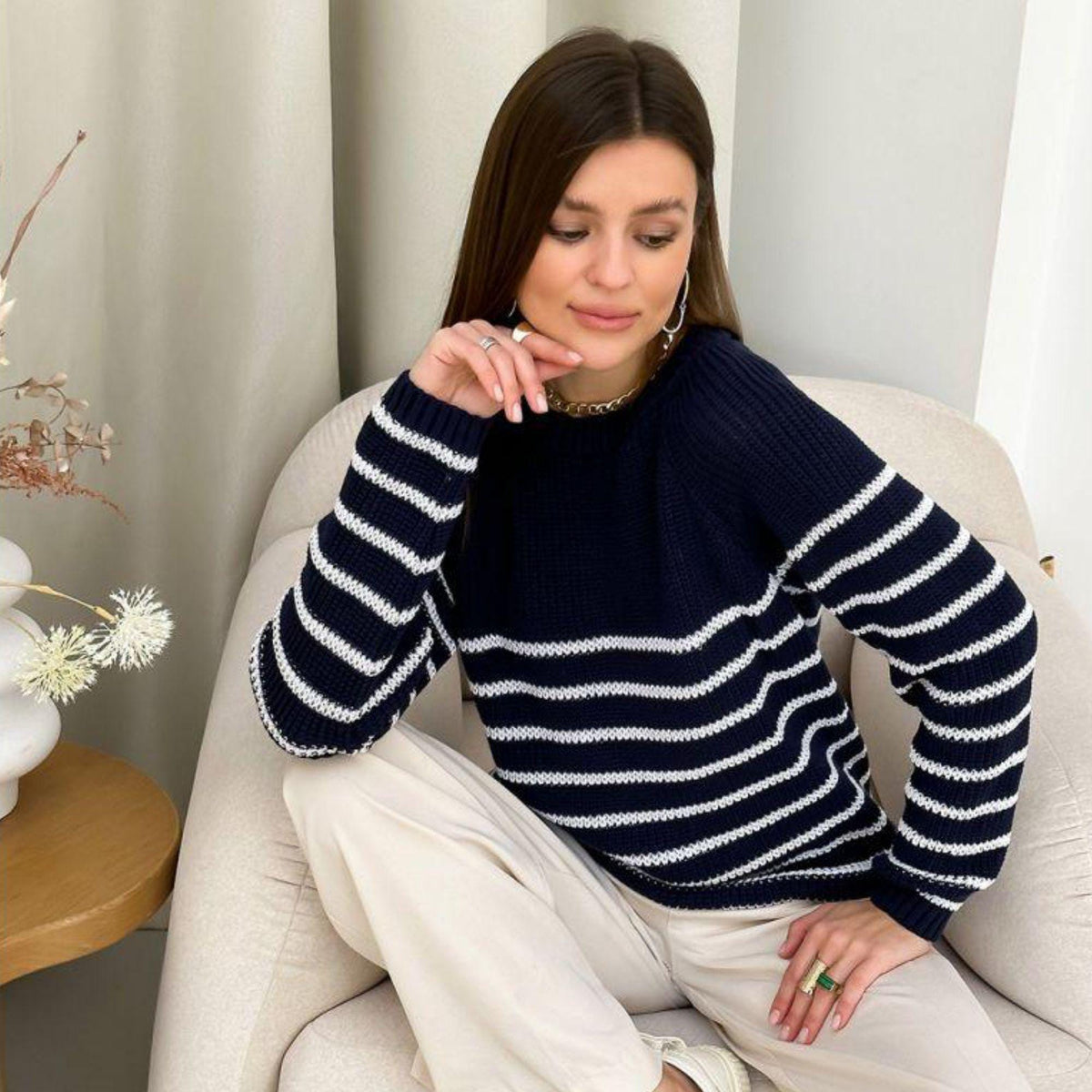 Handmade Navy Striped Knit Sweater: Cotton Blend Pullover