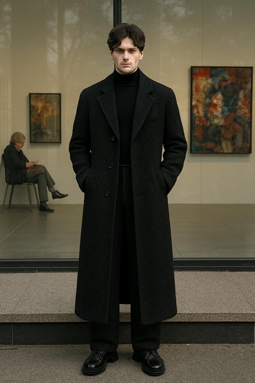 Men's Black Tweed Wool Overcoat – Custom Tailored, Minimalist Long Coat
