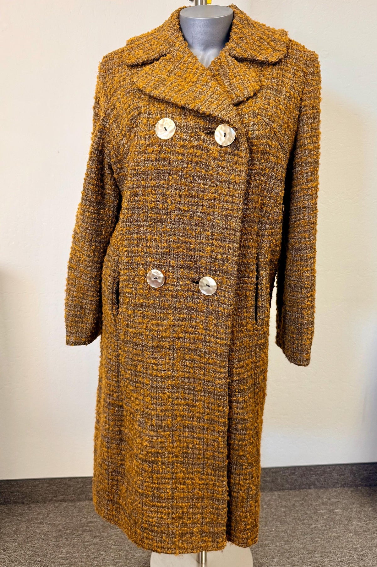 1970s Bouclé Wool Mustard Brown Double Breasted Overcoat