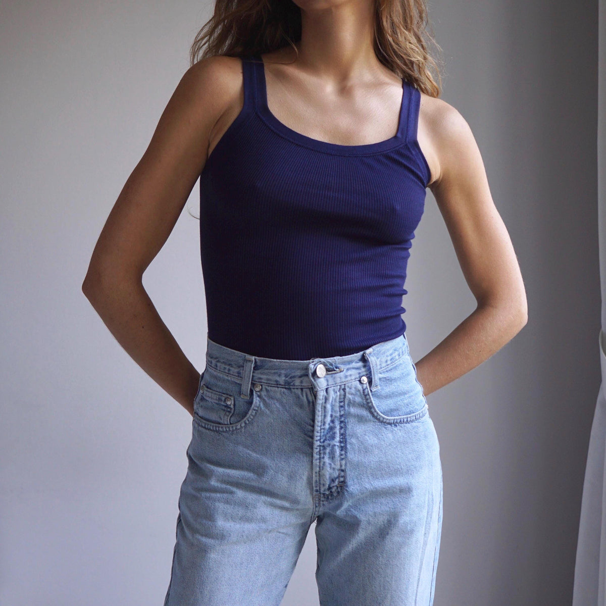 70s Navy Blue Ribbed Cotton Tank Top / Vintage Deadstock Basic Fitted Singlet