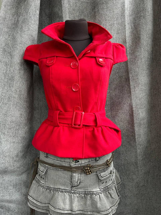 Vintage Red Crop Blazer with belt, 00s, y2k