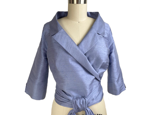 Silk Dupioni Waist-Length Wrap Blouse. Designer Top with Wide Sash, Stand-Up Collar, 3/4 Sleeve with Slits, Wedding and Special Occasion