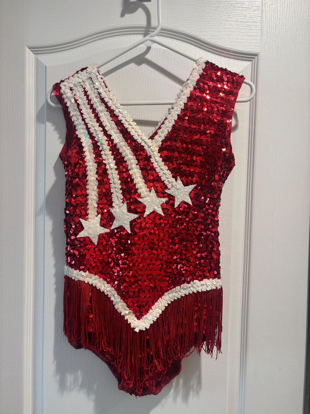 Vintage Red And White Sequined Dance Performance Majorette Costume Leotard Bodysuit With Fringe And Star Accents Sz Sm