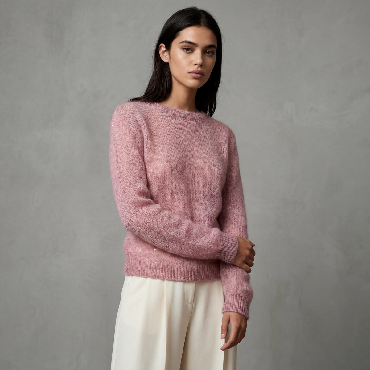 Hand Knitted Mohair Paillette Sweater in Pink | Warm & Stylish Knit