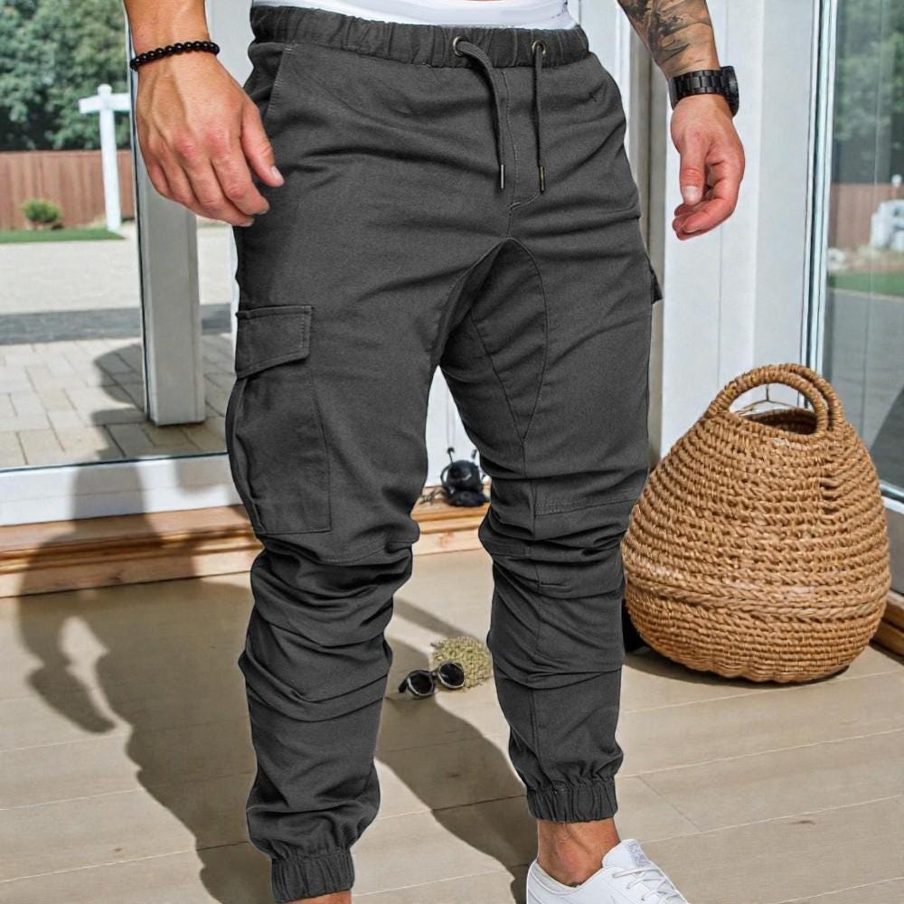 Men Slim Cargo Joggers, Drawstring Gym Workout Pants