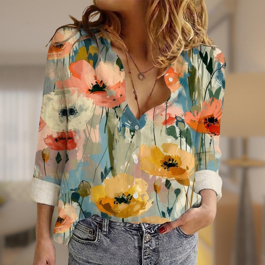 Watercolor Flower Women Blouse, Artistic Floral Button Shirt, Abstract Floral Print Top, Casual Shirts, Mother's Day Gifts