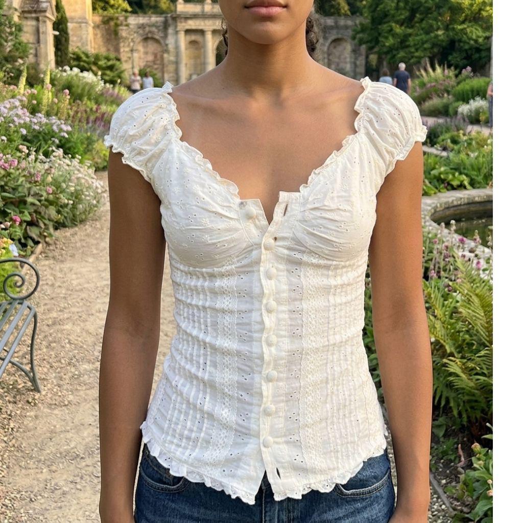Women Y2K Fairy Grunge Top, Puff Sleeve V-Neck Button Down Blouse, Vintage E-Girl Aesthetic Shirt, Soft Girl Cottagecore Fairycore Top
