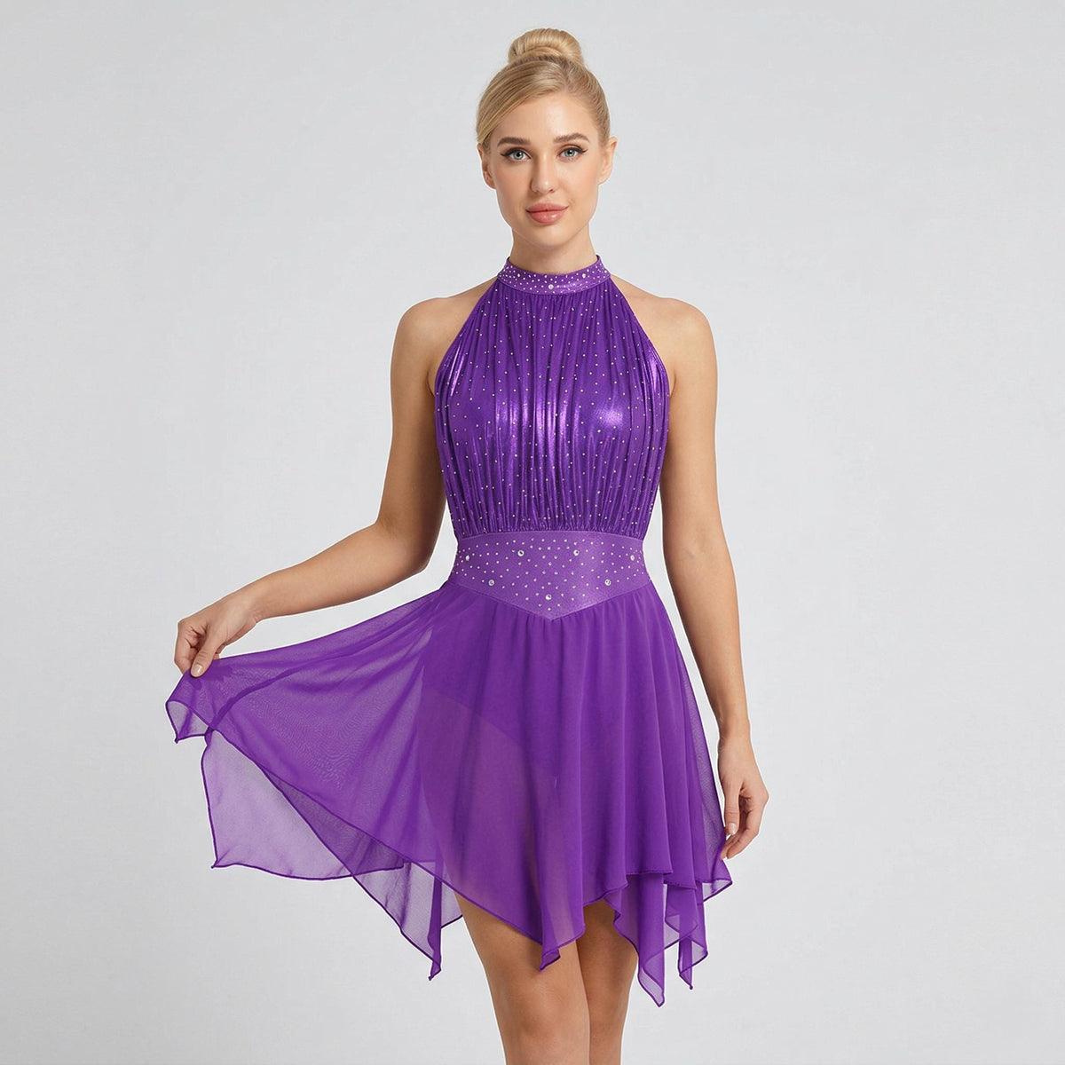 Rhinestone Halter Dance Dress - Lyrical Ballet Costume - Chiffon Performance Outfit