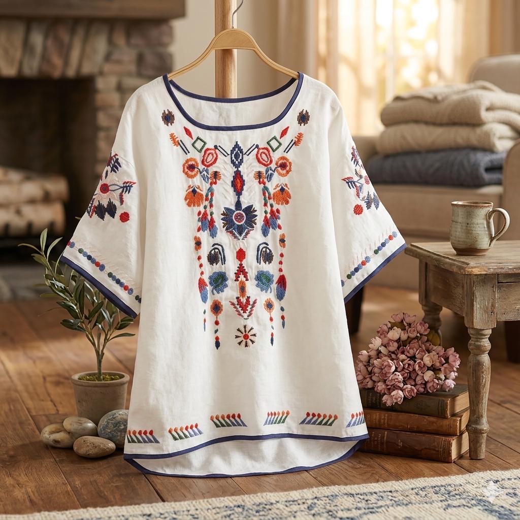 Embroidered Cotton Blouse: Bohemian Floral Summer Top for Women