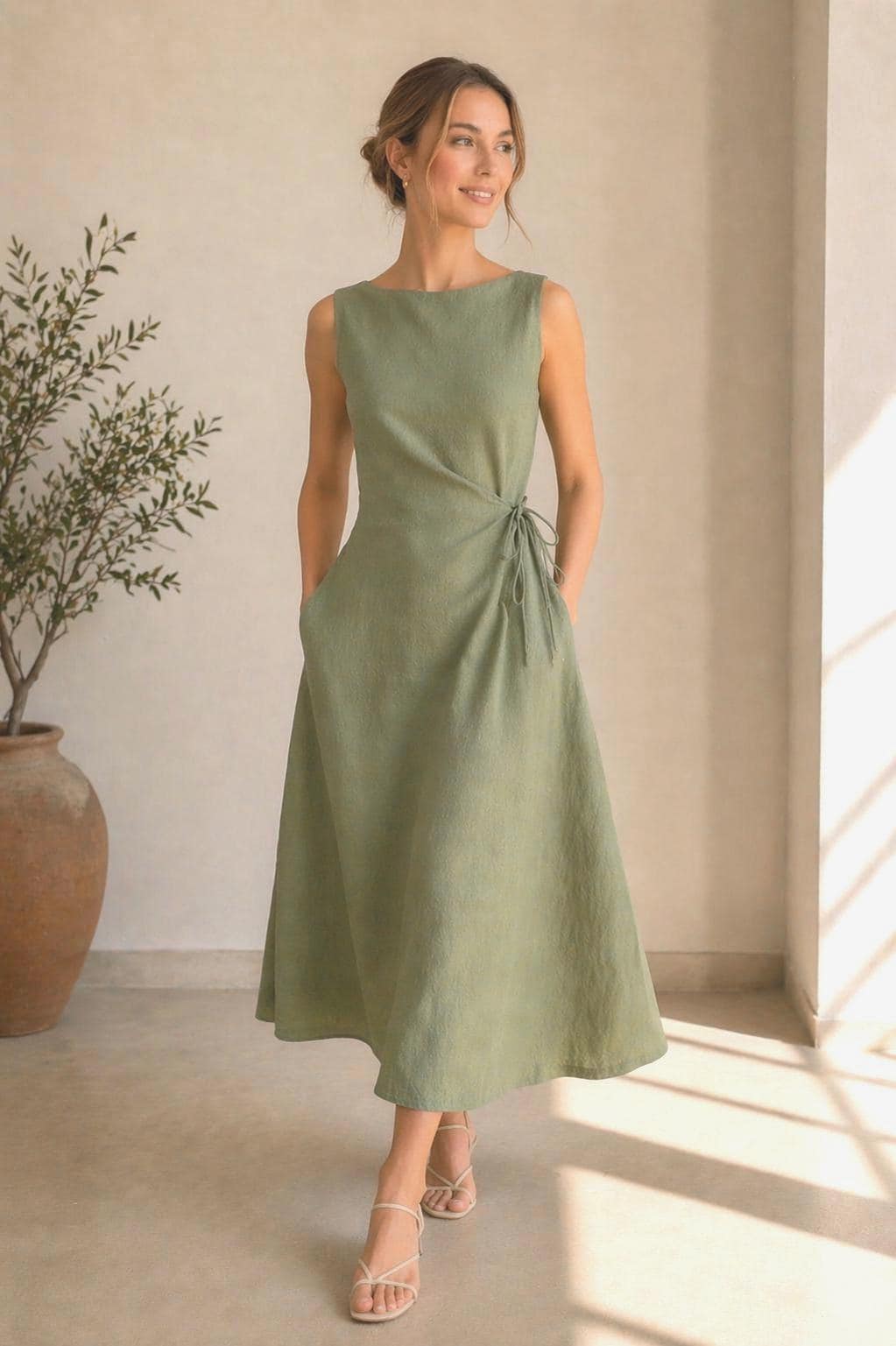 Sage Green Linen Midi Dress, Sleeveless Boat Neck, Side Ruched Tie, Hand-Tailored Dress