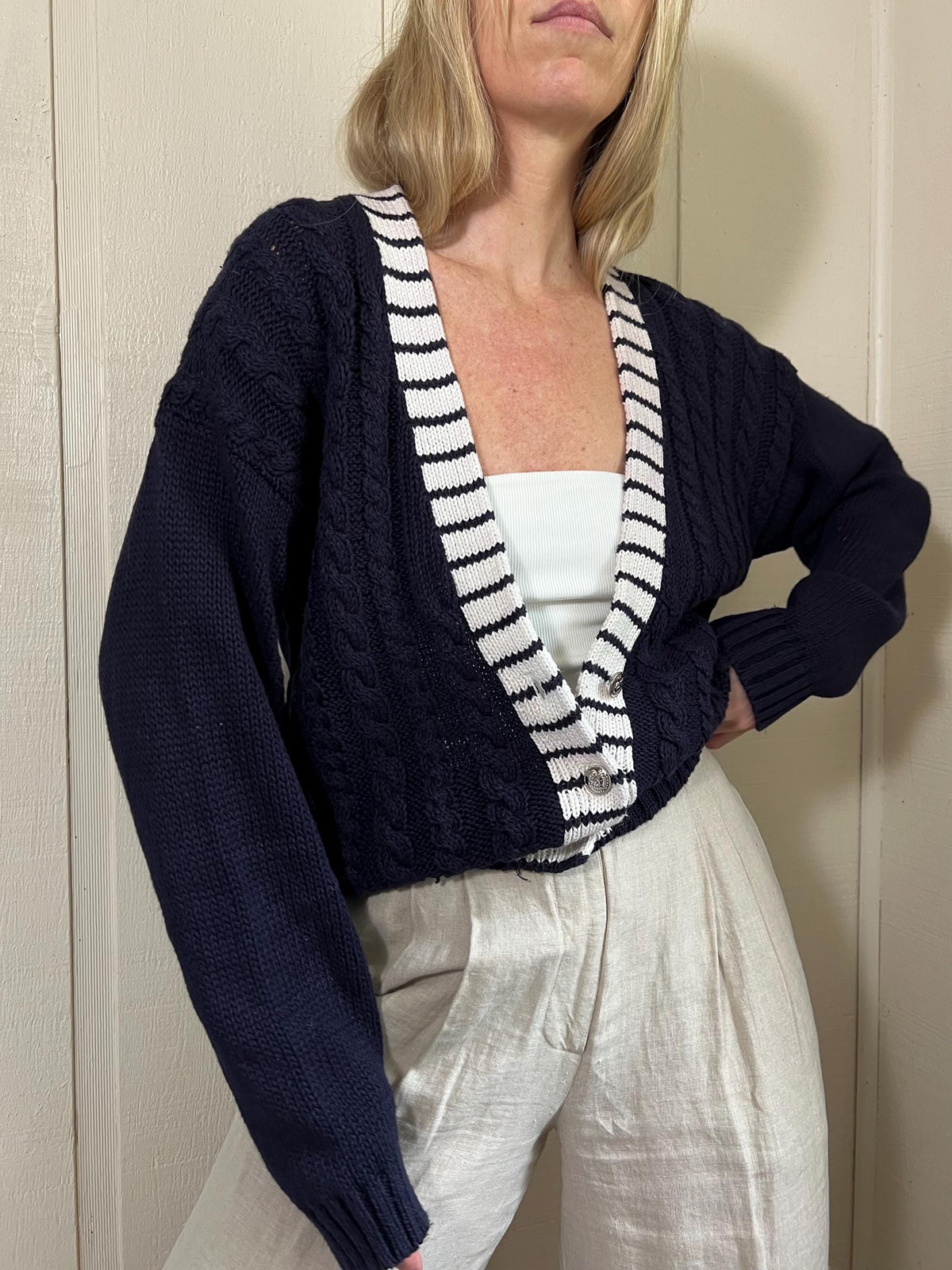 Vtg Varsity Fisherman Knit Cardigan, Vintage Navy Blue Chunky Cable Knit Cardigan, Heavy Sweater, Navy Sweater, Nautical Knit