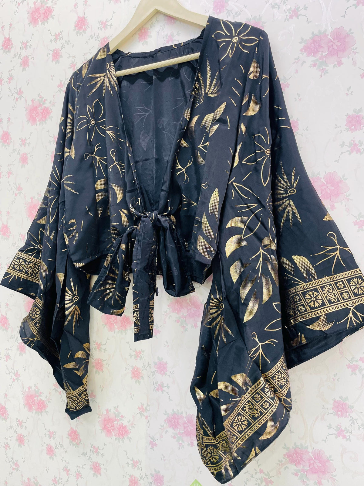 Silk Tie Top women Boho Bell Sleeve Wrap blouse summer vacation top for her